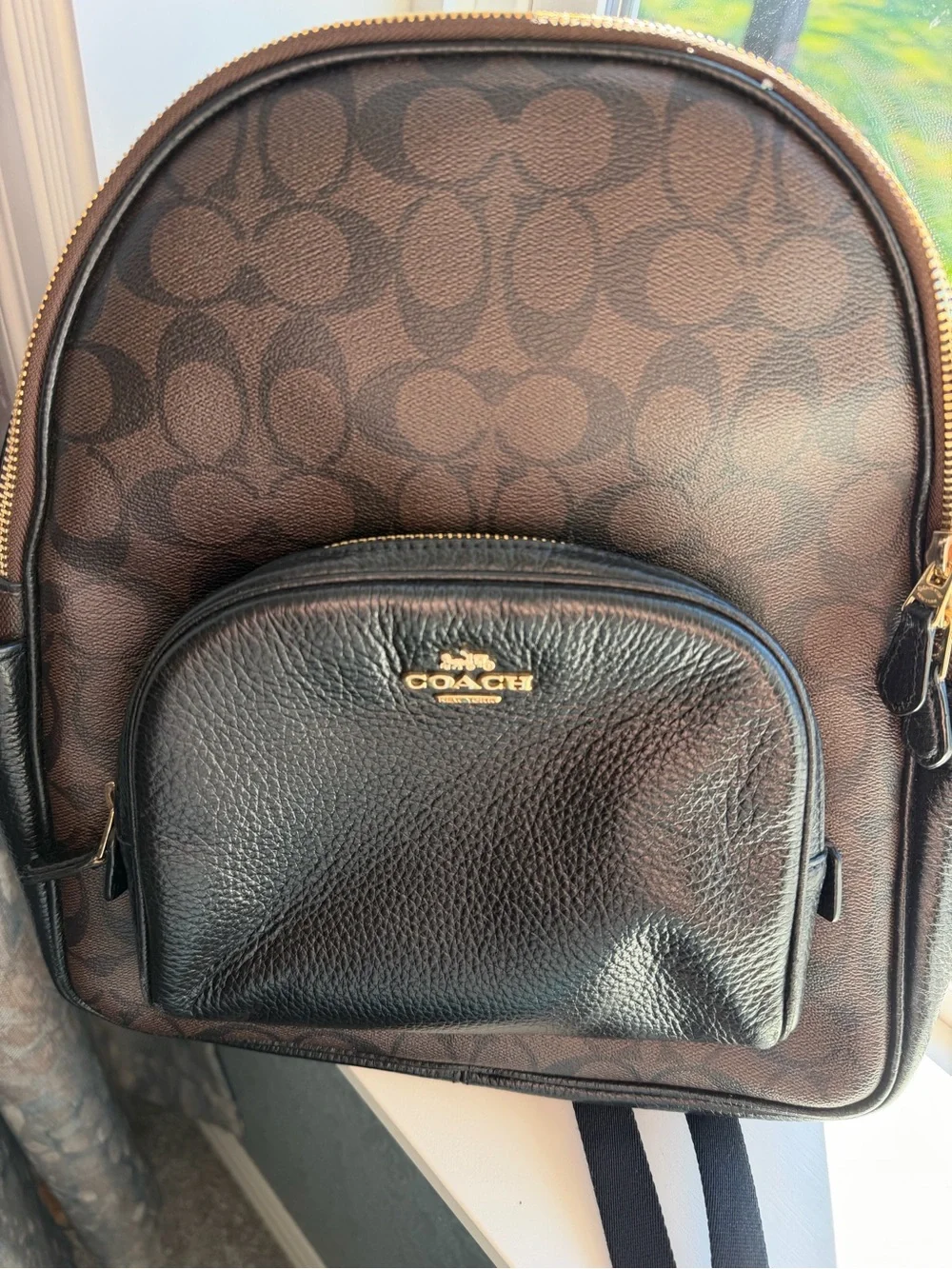 Coach Brown Signature Monogram & Black Leather Mini Backpack with Gold Hardware